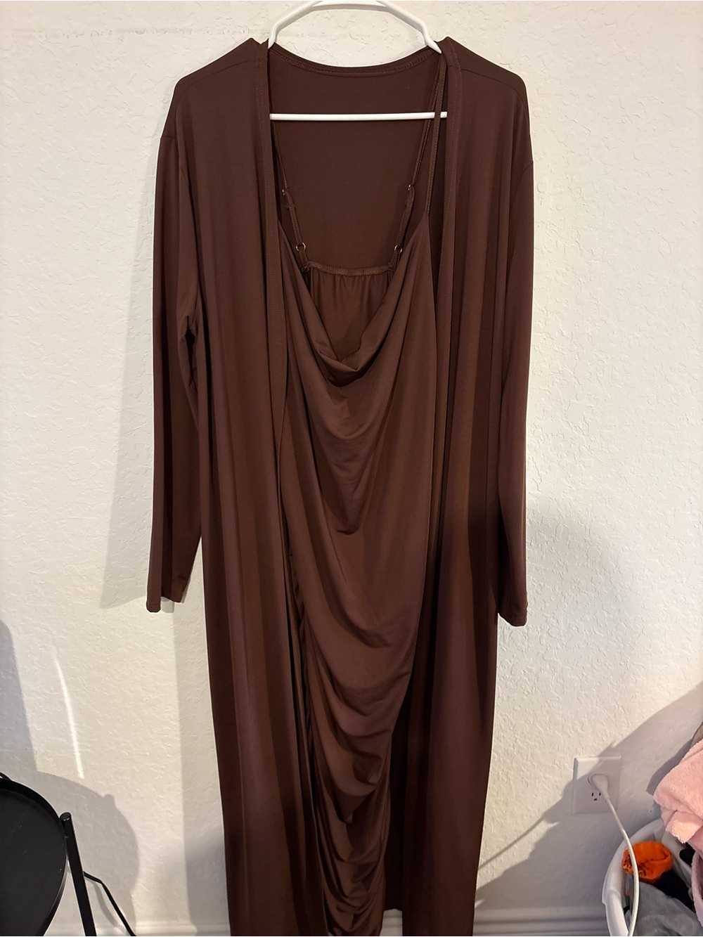 SHEIN Brown Draped Maxi Dress with Long Sleeves